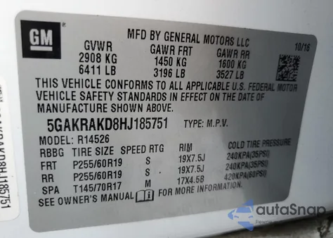 2017 Buick Enclave из США, поврежденный, VIN 5GAKRAKD8HJ185751